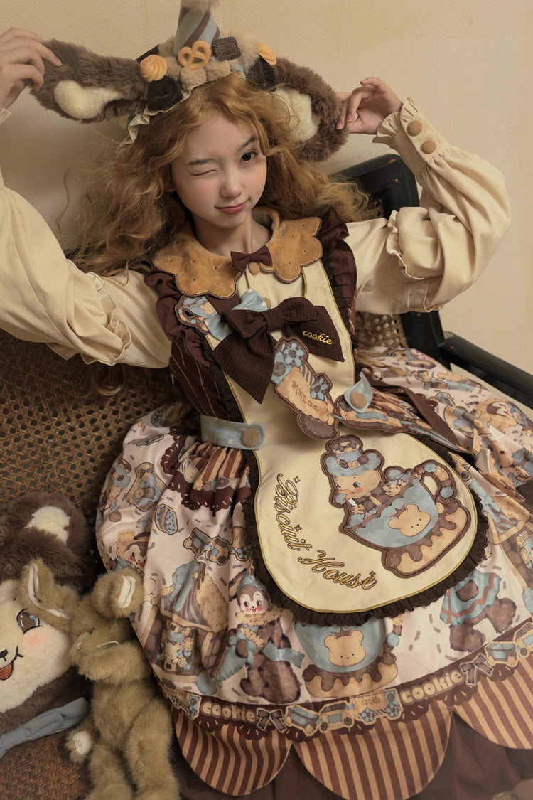 Sweet Lolita Dress - Bear Cookie, 2 Colors, Long Sleeves, Bow Detail, Printed - additional product view 7