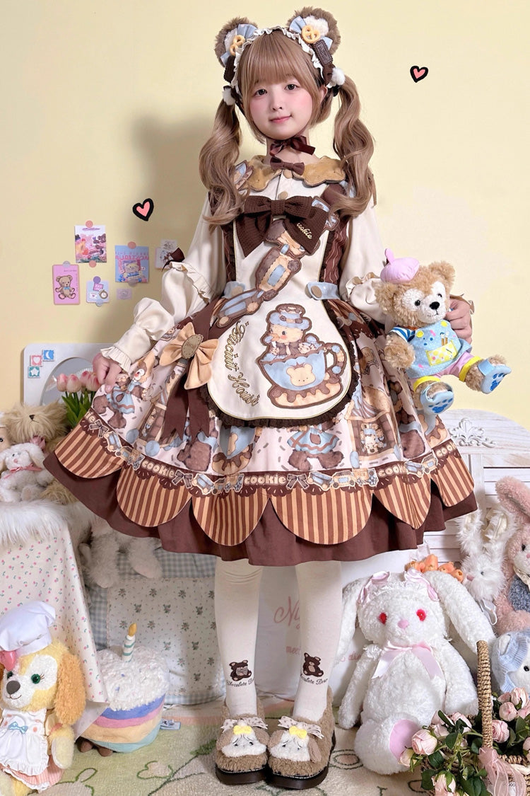 Sweet Lolita Dress - Bear Cookie, 2 Colors, Long Sleeves, Bow Detail, Printed - S Beige / M Beige / L Beige option