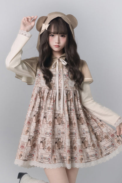 Sweet Lolita Dress - Bear Stamp, Brown, Printed, Long Sleeves - additional product view 3