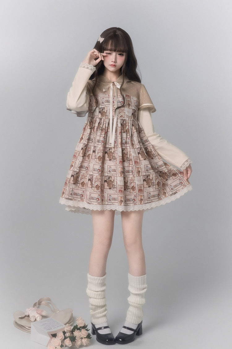 Sweet Lolita Dress - Bear Stamp, Brown, Printed, Long Sleeves - additional product view 4