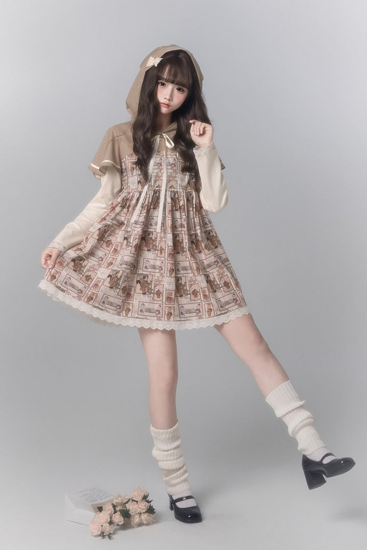 Sweet Lolita Dress - Bear Stamp, Brown, Printed, Long Sleeves - additional product view 5