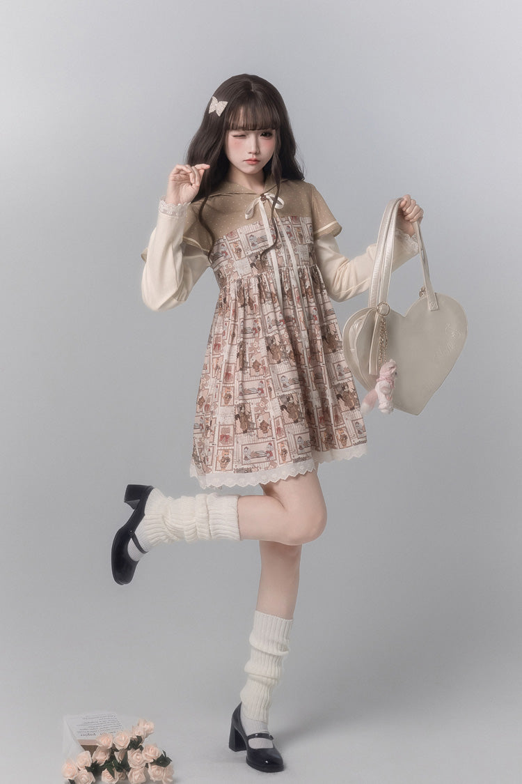 Sweet Lolita Dress - Bear Stamp, Brown, Printed, Long Sleeves - additional product view 8