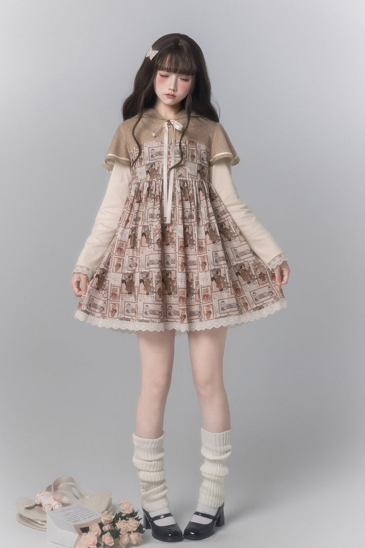 Sweet Lolita Dress - Bear Stamp, Brown, Printed, Long Sleeves - main product image