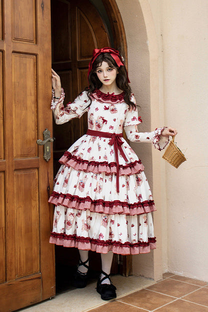 Sweet Lolita Dress - Bell Strawberry Farm, 2 Colors, Printed, Layered, Long Sleeves - additional product view 2