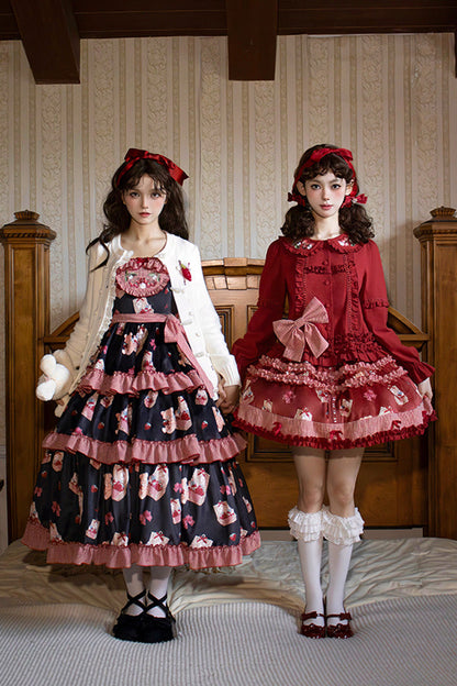 Sweet Lolita Dress - Bell Strawberry Farm, 2 Colors, Printed, Layered, Long Sleeves - additional product view 3