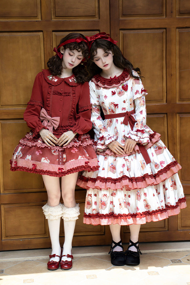 Sweet Lolita Dress - Bell Strawberry Farm, 2 Colors, Printed, Layered, Long Sleeves - additional product view 4