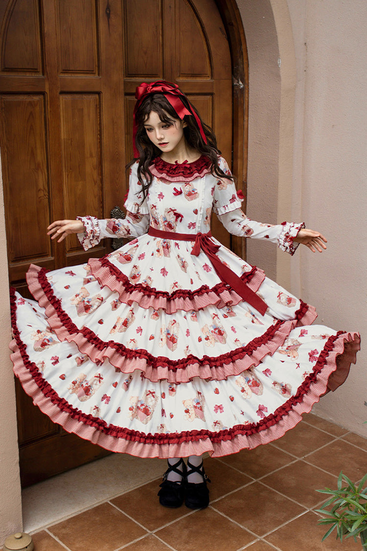 Sweet Lolita Dress - Bell Strawberry Farm, 2 Colors, Printed, Layered, Long Sleeves - additional product view 5