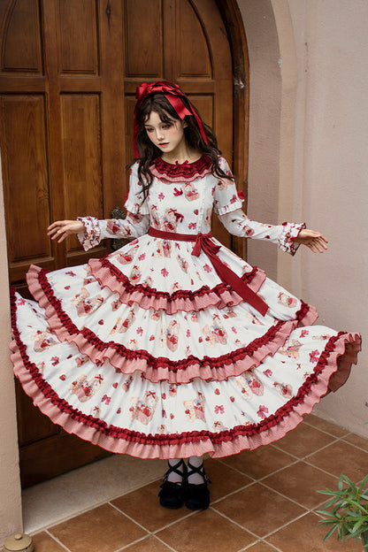 Sweet Lolita Dress - Bell Strawberry Farm, 2 Colors, Printed, Layered, Long Sleeves - additional product view 5