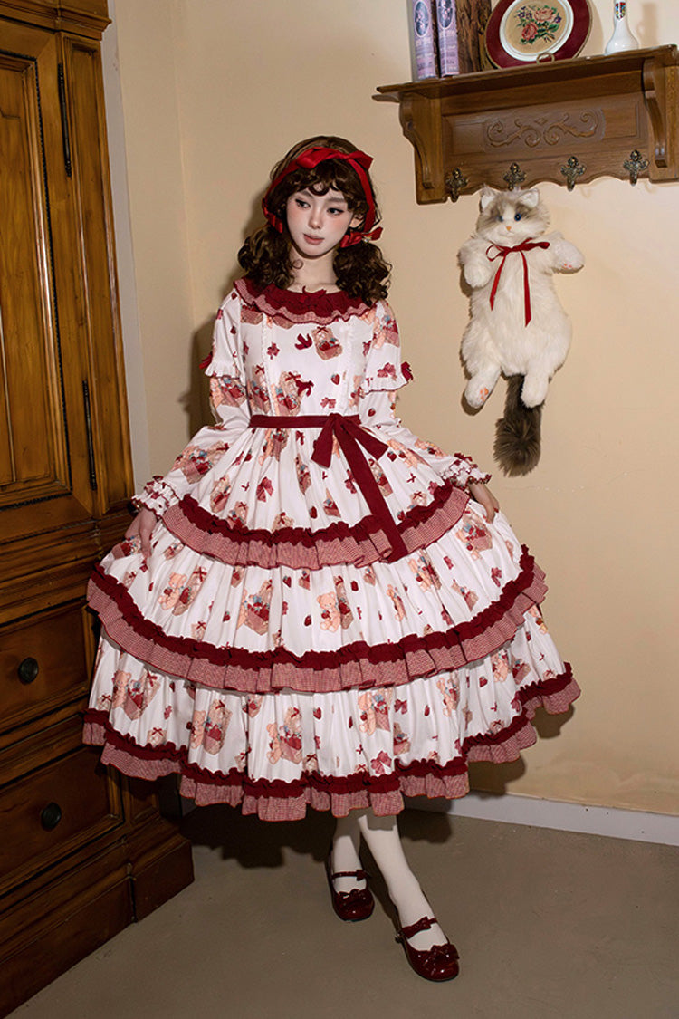 Sweet Lolita Dress - Bell Strawberry Farm, 2 Colors, Printed, Layered, Long Sleeves - additional product view 6