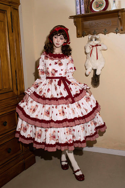 Sweet Lolita Dress - Bell Strawberry Farm, 2 Colors, Printed, Layered, Long Sleeves - additional product view 6