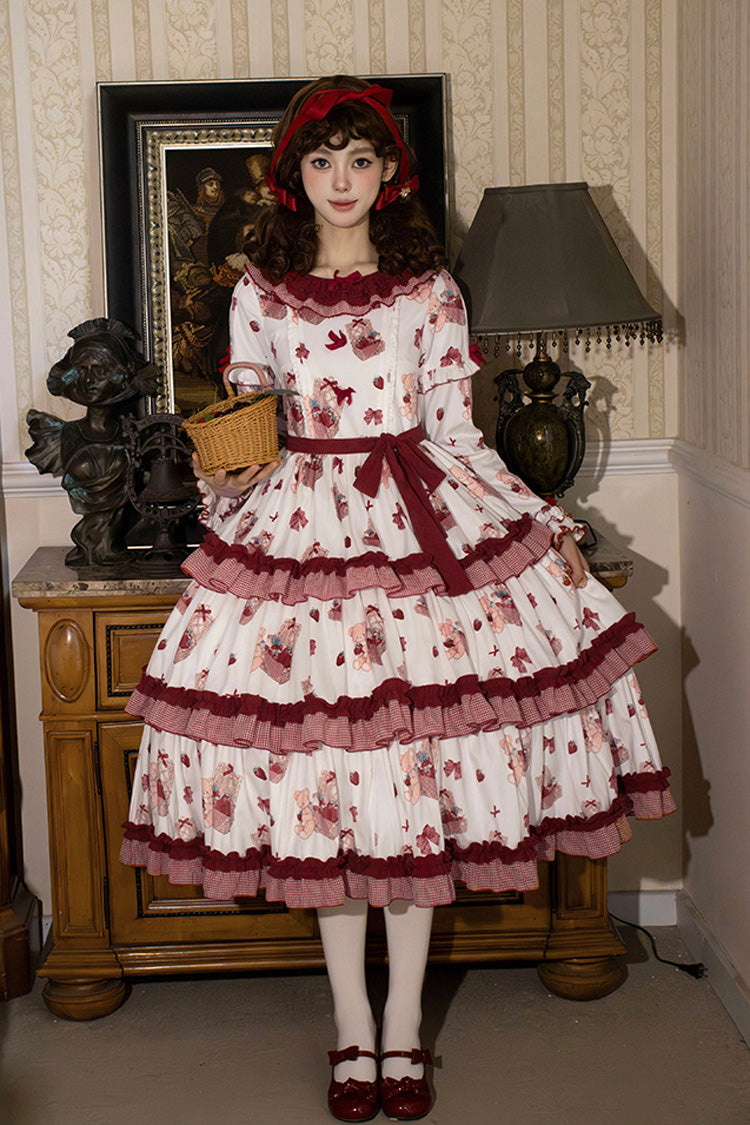 Sweet Lolita Dress - Bell Strawberry Farm, 2 Colors, Printed, Layered, Long Sleeves - main product image