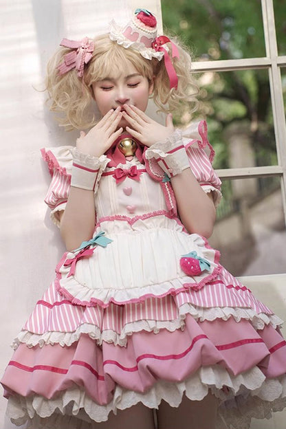 Sweet Lolita Dress - Berry Bubbles, Pink, Striped, Lace Trim, Ruffled - additional product view 7