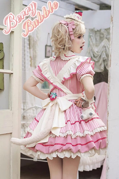 Sweet Lolita Dress - Berry Bubbles, Pink, Striped, Lace Trim, Ruffled - additional product view 8