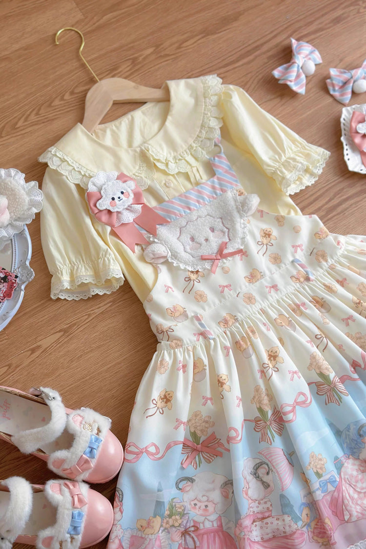 Sweet Lolita Dress - Blue/pink Sheep Waltz Print, 2 Colors, Printed, Bow Detail, Lace Trim - additional product view 2