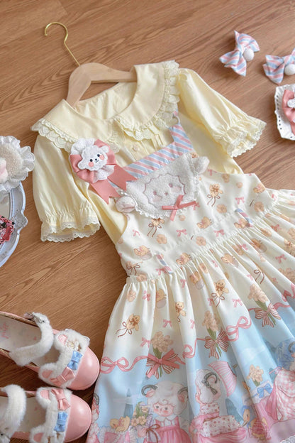 Sweet Lolita Dress - Blue/pink Sheep Waltz Print, 2 Colors, Printed, Bow Detail, Lace Trim - additional product view 2