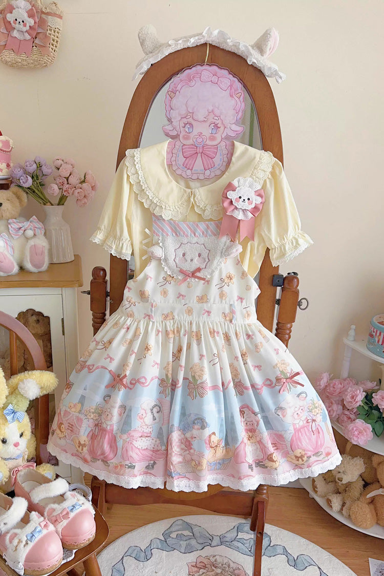 Sweet Lolita Dress - Blue/pink Sheep Waltz Print, 2 Colors, Printed, Bow Detail, Lace Trim - additional product view 3