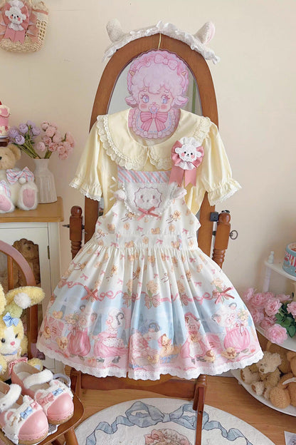 Sweet Lolita Dress - Blue/pink Sheep Waltz Print, 2 Colors, Printed, Bow Detail, Lace Trim - additional product view 3