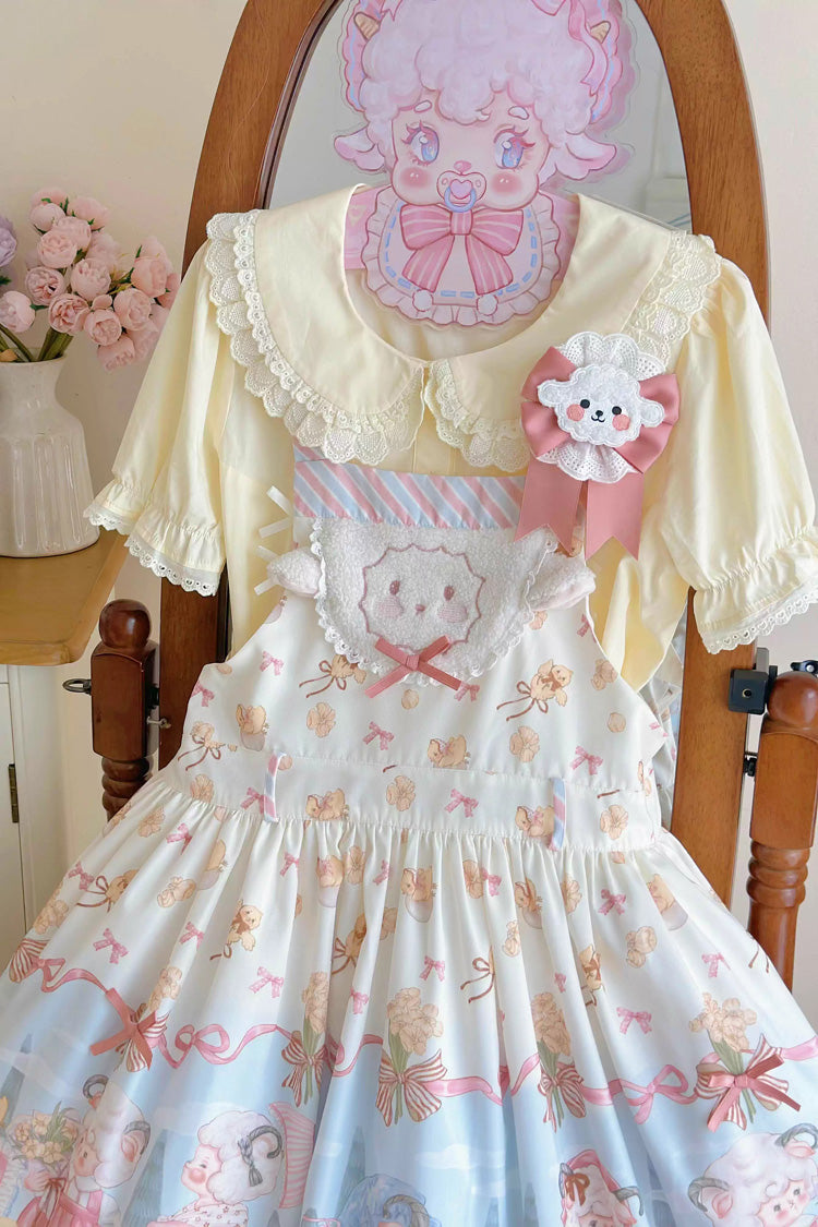 Sweet Lolita Dress - Blue/pink Sheep Waltz Print, 2 Colors, Printed, Bow Detail, Lace Trim - additional product view 4