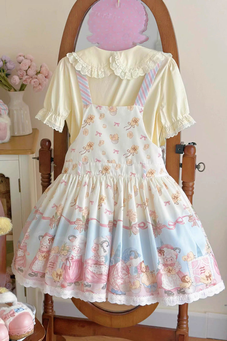 Sweet Lolita Dress - Blue/pink Sheep Waltz Print, 2 Colors, Printed, Bow Detail, Lace Trim - additional product view 5