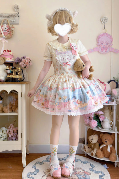 Sweet Lolita Dress - Blue/pink Sheep Waltz Print, 2 Colors, Printed, Bow Detail, Lace Trim - main product image