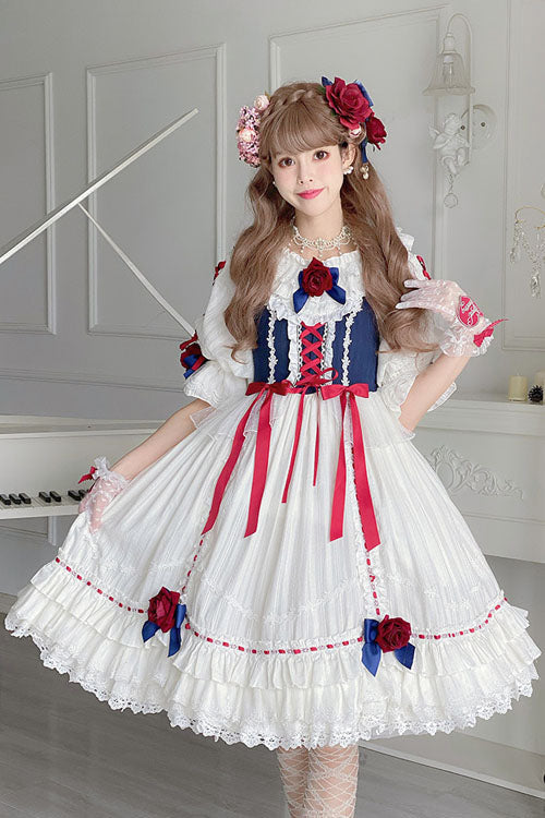 Sweet Lolita Dress - Blue/white Round Collar, 2 Colors, Ruffled, Layered, Bow Detail - additional product view 2