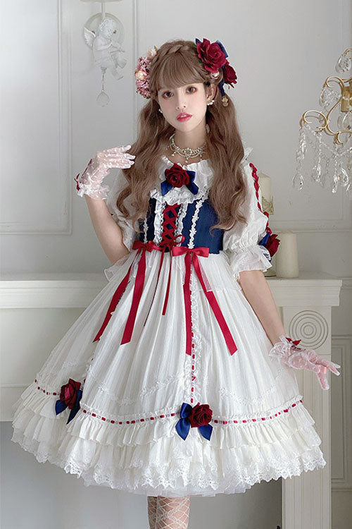 Sweet Lolita Dress - Blue/white Round Collar, 2 Colors, Ruffled, Layered, Bow Detail - additional product view 3
