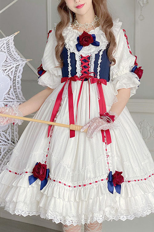 Sweet Lolita Dress - Blue/white Round Collar, 2 Colors, Ruffled, Layered, Bow Detail - main product image