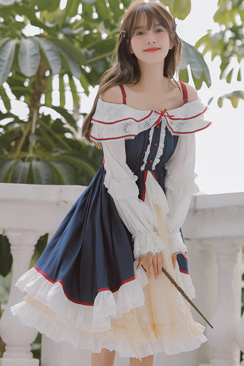 Sweet Lolita Dress - Blue/white Strapless, 2 Colors, Long Sleeves, Ruffled - additional product view 2