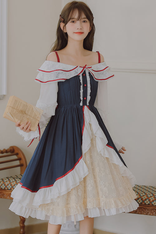Sweet Lolita Dress - Blue/white Strapless, 2 Colors, Long Sleeves, Ruffled - additional product view 3