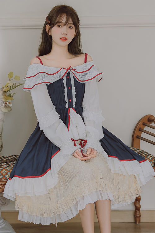 Sweet Lolita Dress - Blue/white Strapless, 2 Colors, Long Sleeves, Ruffled - additional product view 4