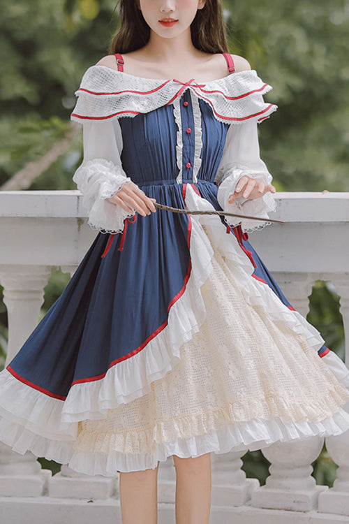 Sweet Lolita Dress - Blue/white Strapless, 2 Colors, Long Sleeves, Ruffled - main product image