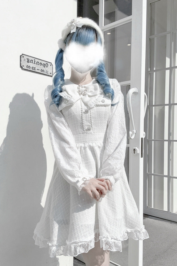 Sweet Lolita Dress - Bowknot Lace Pearl Jirai, White, Bow Detail, Lace Trim, Long Sleeves - additional product view 2