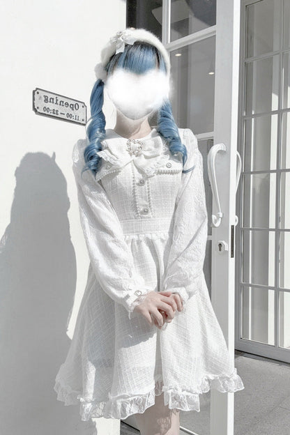 Sweet Lolita Dress - Bowknot Lace Pearl Jirai, White, Bow Detail, Lace Trim, Long Sleeves - additional product view 2