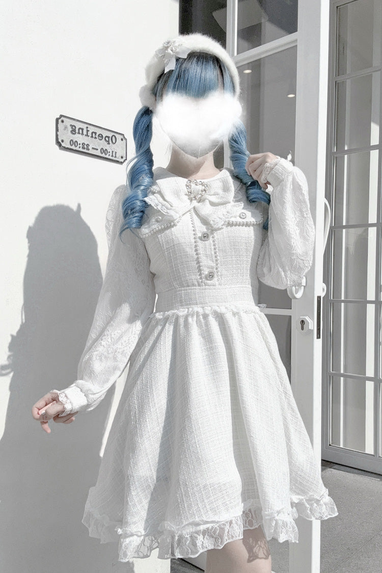 Sweet Lolita Dress - Bowknot Lace Pearl Jirai, White, Bow Detail, Lace Trim, Long Sleeves - additional product view 3