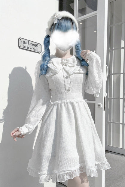 Sweet Lolita Dress - Bowknot Lace Pearl Jirai, White, Bow Detail, Lace Trim, Long Sleeves - additional product view 3