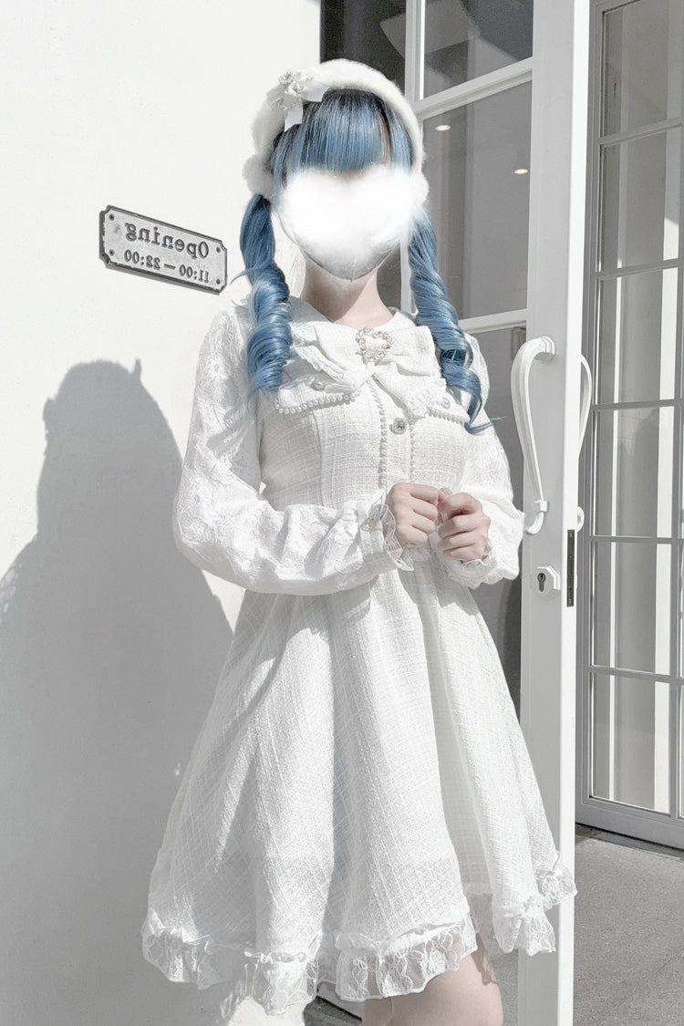 Sweet Lolita Dress - Bowknot Lace Pearl Jirai, White, Bow Detail, Lace Trim, Long Sleeves - additional product view 4
