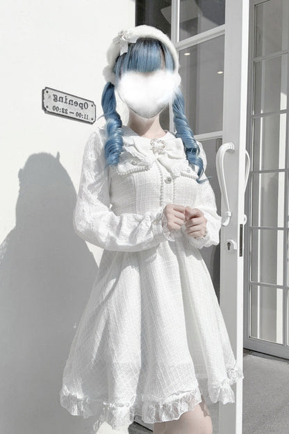 Sweet Lolita Dress - Bowknot Lace Pearl Jirai, White, Bow Detail, Lace Trim, Long Sleeves - additional product view 4