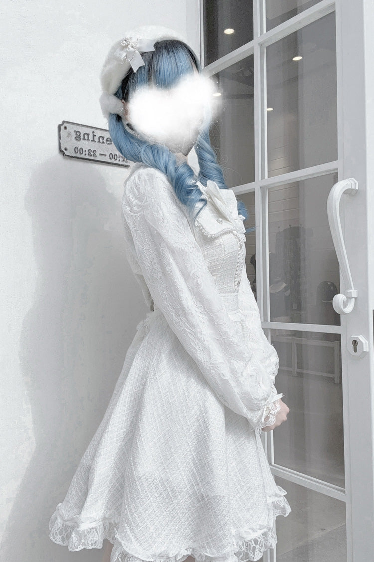 Sweet Lolita Dress - Bowknot Lace Pearl Jirai, White, Bow Detail, Lace Trim, Long Sleeves - additional product view 5