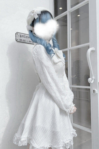 Sweet Lolita Dress - Bowknot Lace Pearl Jirai, White, Bow Detail, Lace Trim, Long Sleeves - additional product view 5