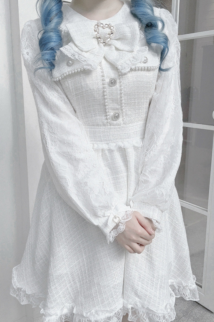 Sweet Lolita Dress - Bowknot Lace Pearl Jirai, White, Bow Detail, Lace Trim, Long Sleeves - additional product view 6
