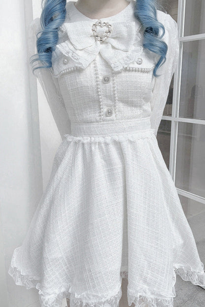 Sweet Lolita Dress - Bowknot Lace Pearl Jirai, White, Bow Detail, Lace Trim, Long Sleeves - additional product view 7