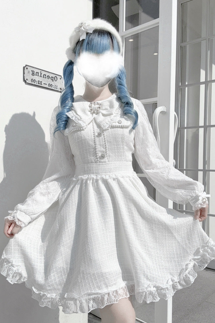 Sweet Lolita Dress - Bowknot Lace Pearl Jirai, White, Bow Detail, Lace Trim, Long Sleeves - main product image