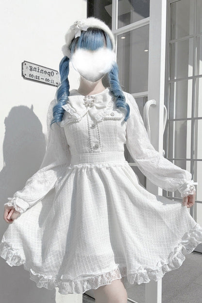 Sweet Lolita Dress - Bowknot Lace Pearl Jirai, White, Bow Detail, Lace Trim, Long Sleeves - main product image