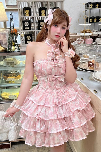Sweet Lolita Dress - Broken Silver Rose, 2 Colors, Ruffled, Layered, Halterneck - additional product view 2