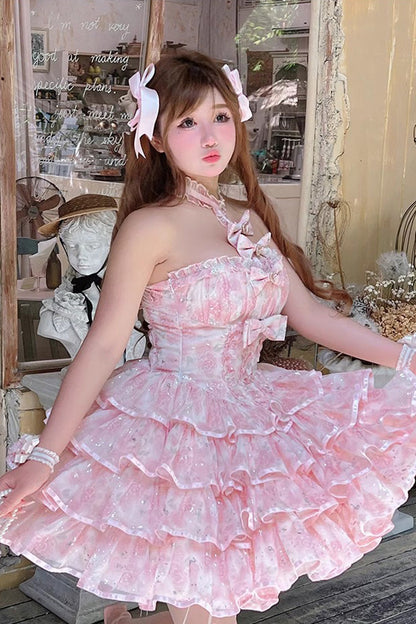 Sweet Lolita Dress - Broken Silver Rose, 2 Colors, Ruffled, Layered, Halterneck - additional product view 4