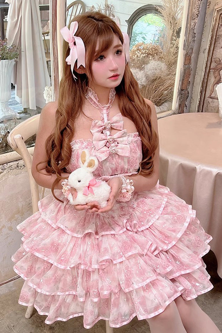 Sweet Lolita Dress - Broken Silver Rose, 2 Colors, Ruffled, Layered, Halterneck - additional product view 5
