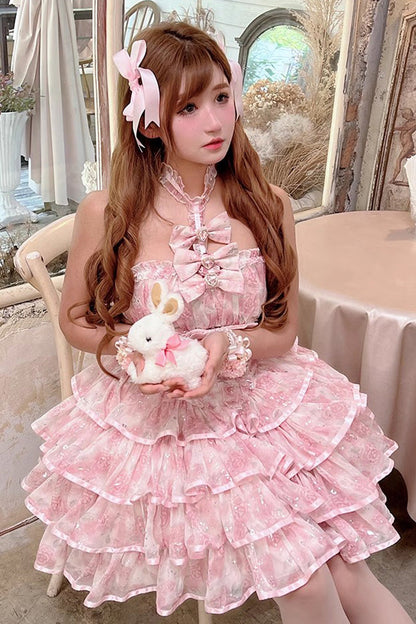 Sweet Lolita Dress - Broken Silver Rose, 2 Colors, Ruffled, Layered, Halterneck - additional product view 5