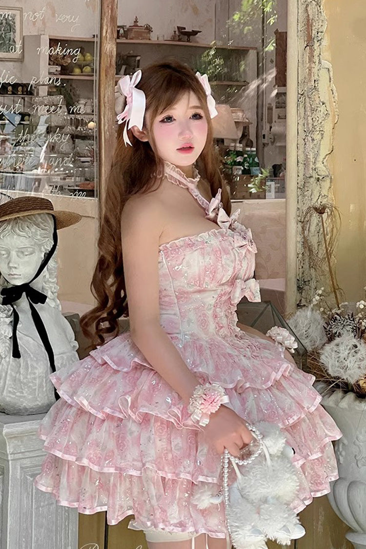 Sweet Lolita Dress - Broken Silver Rose, 2 Colors, Ruffled, Layered, Halterneck - additional product view 6