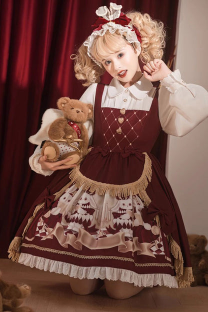 Sweet Lolita Dress - Bunny Reading Club, Red, Printed, Lace Trim, Ruffled - additional product view 4