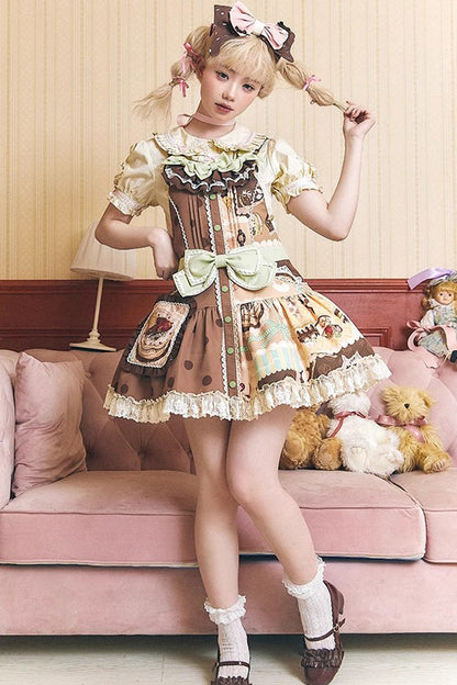 Sweet Lolita Dress - Cake Chocolate Dessert Print, Brown, Bow Detail, Ruffled, Printed - additional product view 2